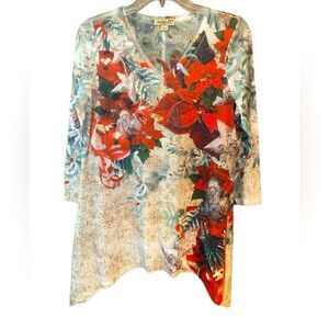 One World Sz M Christmas Holiday Red Poinsettias Rhinestones V-Neck Top
